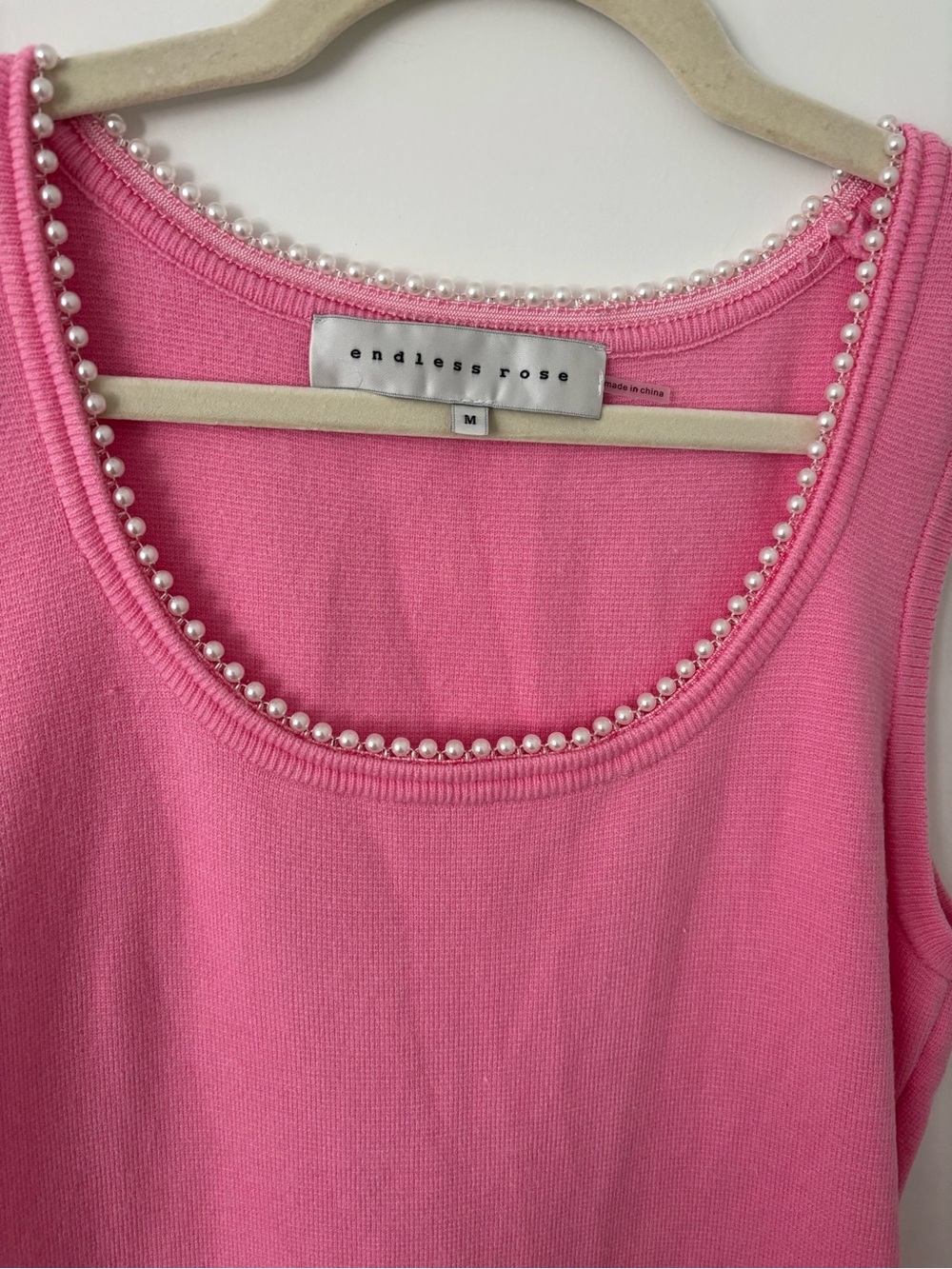 Endless Rose pink knit maxi dress faux pearl-embellished scoop neckline M - Picture 2 of 7